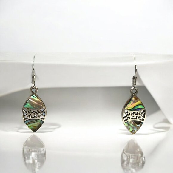 Sterling Silver Abalone Shell Marquise Drop Earrings With Filigree Design - Picture 1 of 9